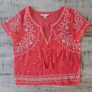 American Eagle Coral Embroidered Boho Short Sleeve Top Small